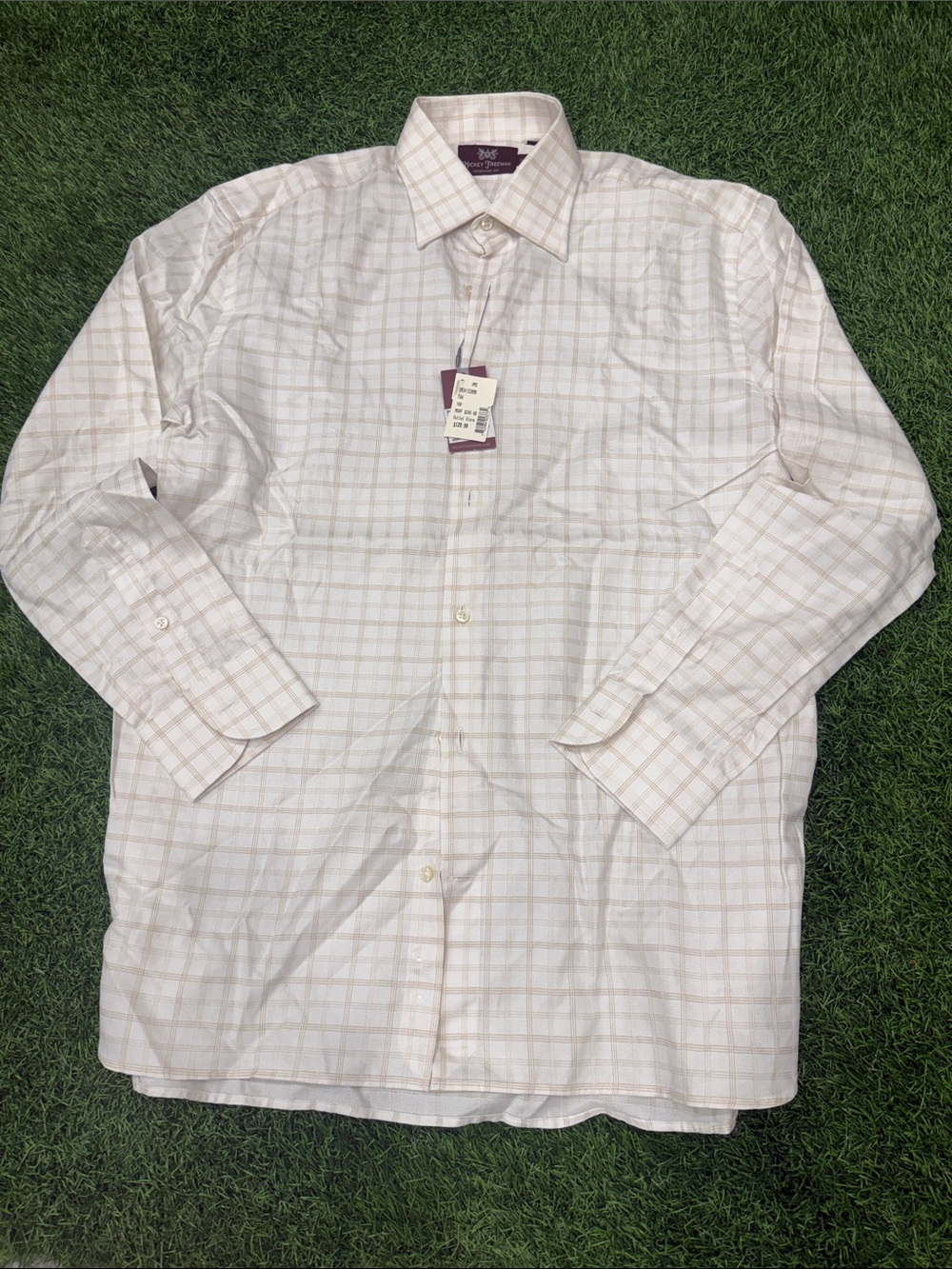 Hickey freeman Men's Cream and Tan Plaid Dress Shirt